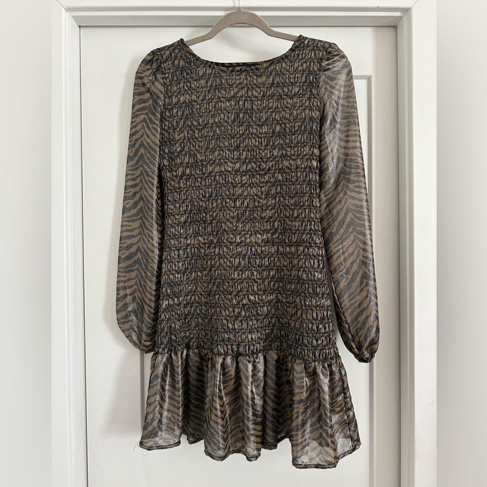 Long Sleeve Shimmery Zebra-Print Dress